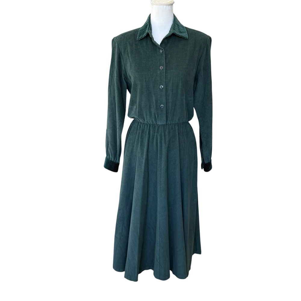 Orvis Vintage Forest Green Corduroy Dress Velvet Trim Petite 10 Made in USA‎